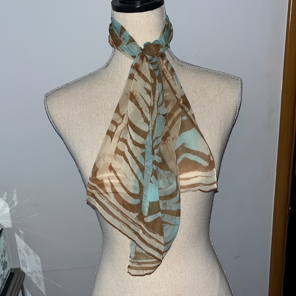 Made in Japan Vintage Scarf Teal and Brown and Cream.  Hand rolled silk - Picture 2 of 5